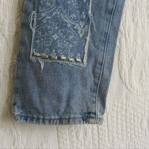 Simple Society Patchwork Straight Leg Jeans Lace Beaded Distressed Grunge Boho - Picture 5 of 13